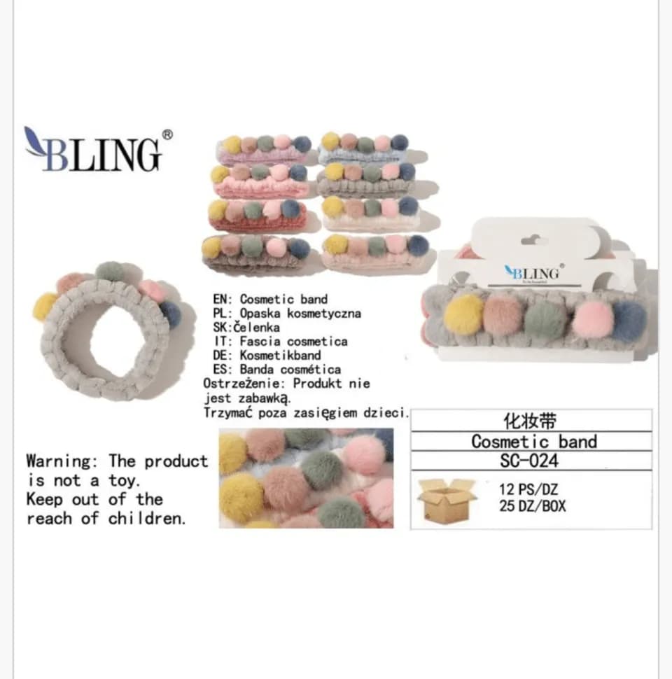 Opaska kosmetyczna BLING z kolorowymi pomponami - 12 szt.