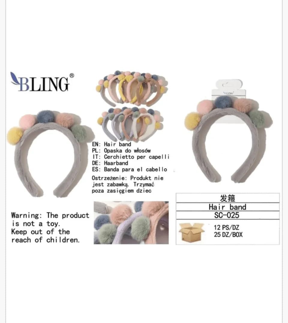 Opaska do włosów z pomponami BLING PK13644 futerkowa mix kolorów