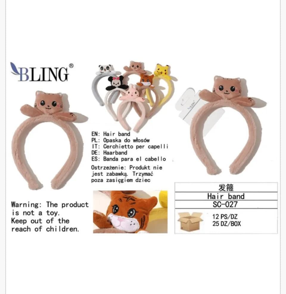 Opaska do włosów BLING z pluszowym zwierzątkiem mix wzorów