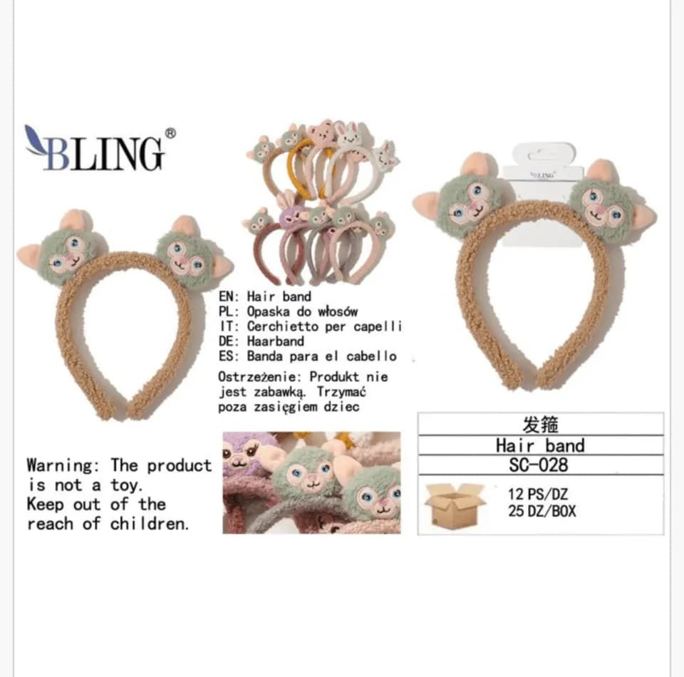 Opaska do włosów z uszami zwierzątka BLING pluszowa miękka mix