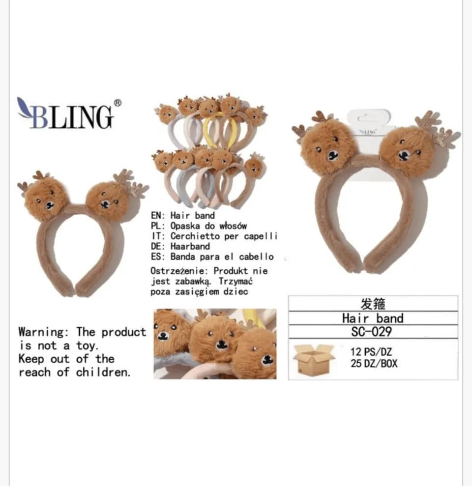 Opaska do włosów z pluszowymi reniferami BLING dla dzieci 12szt