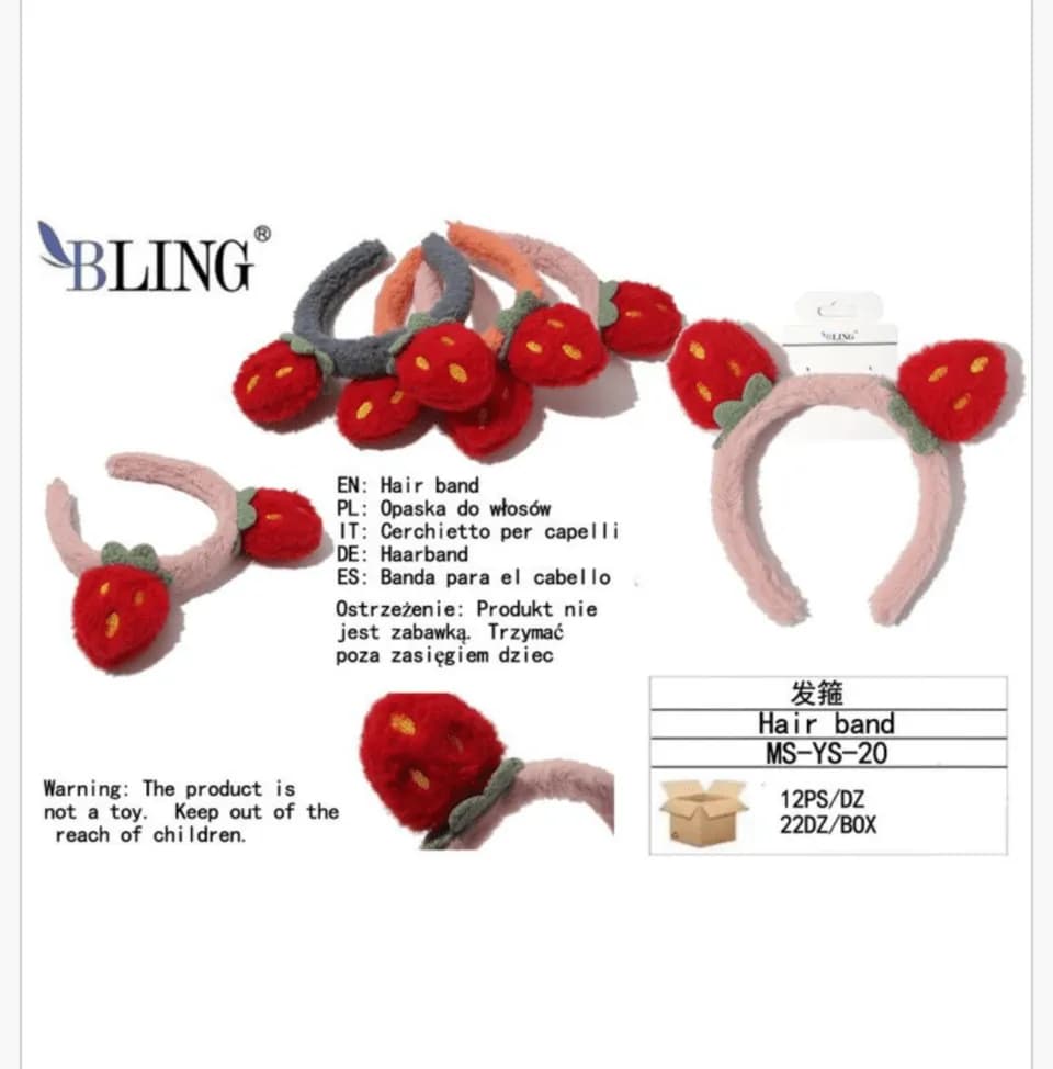 Opaska do włosów Bling "Truskawka" pluszowa mix kolorów