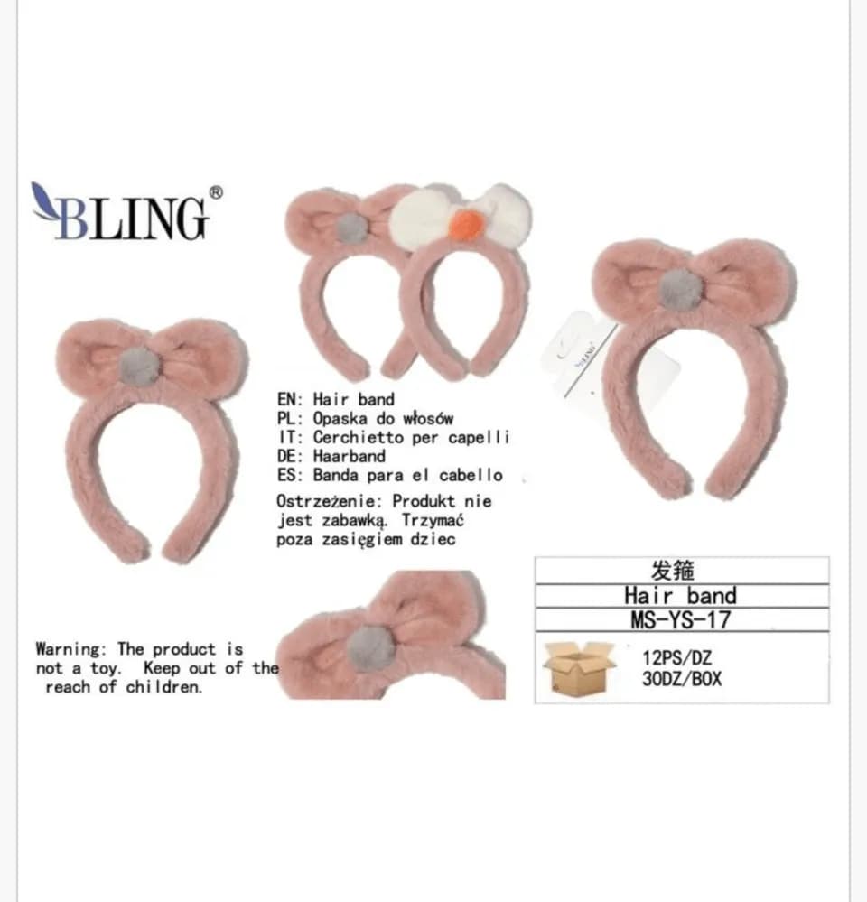 Pluszowa opaska do włosów BLING z kokardką i pomponem różowa