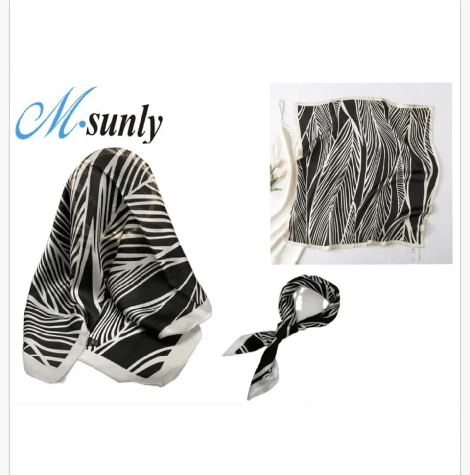 Chusta damska satynowa M.sunly wzór liści PK13660 czarno-biała