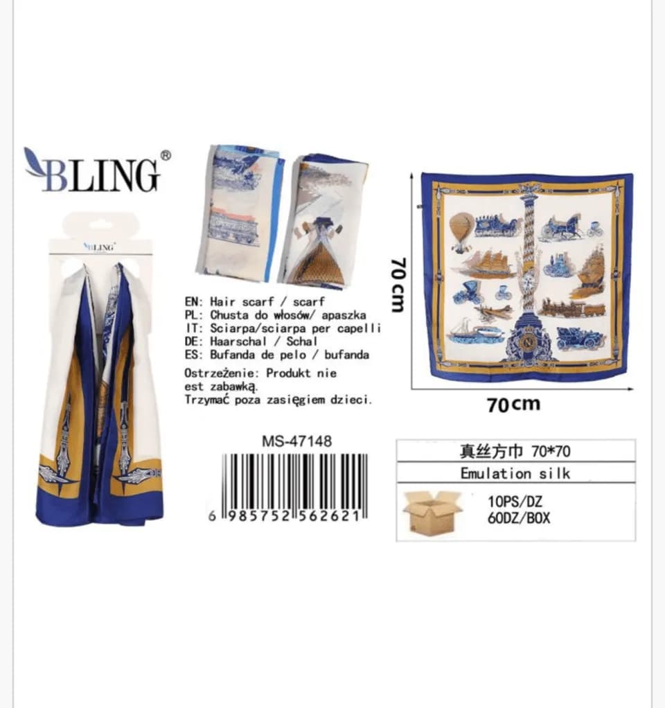 Chusta do włosów BLING 70x70 cm wzór vintage imitacja jedwabiu