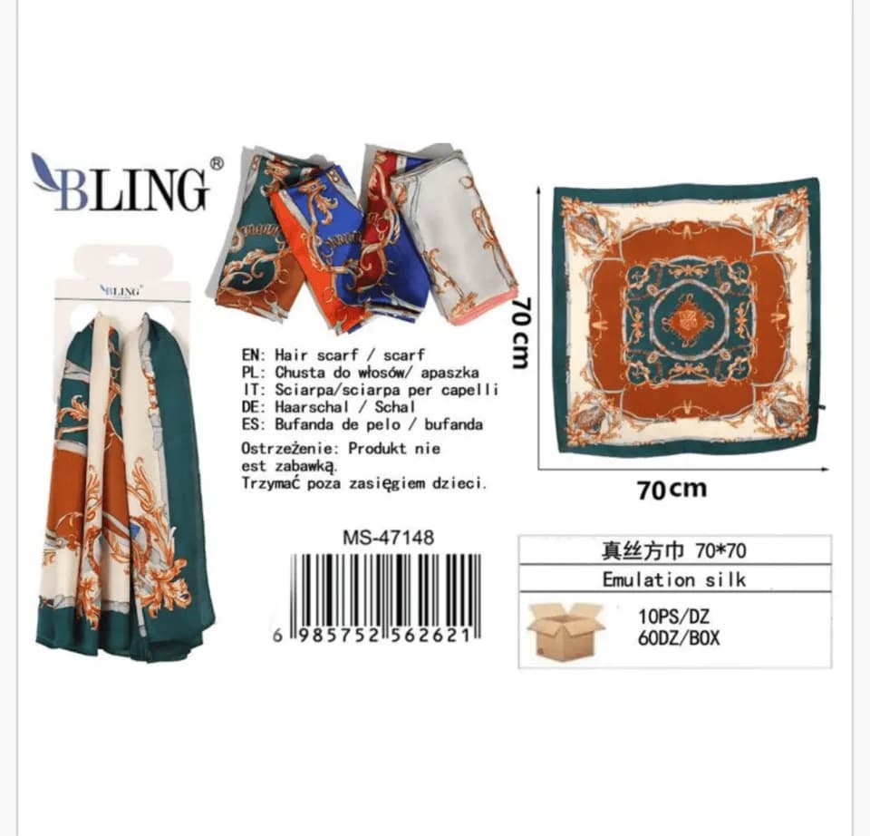 Chusta do włosów kwadratowa 70x70 cm Bling wzór imitacja jedwabiu