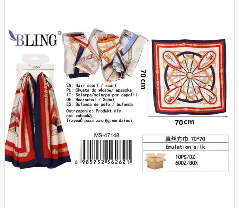 Chusta do włosów BLING 70x70 cm wzór żeglarski imitacja jedwabiu
