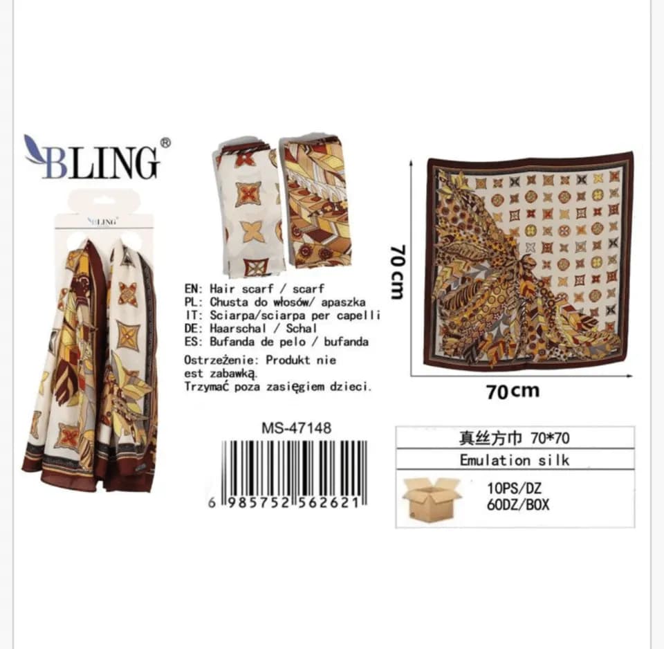 Chusta do włosów BLING 70x70 cm pióra i ornamenty PK13675