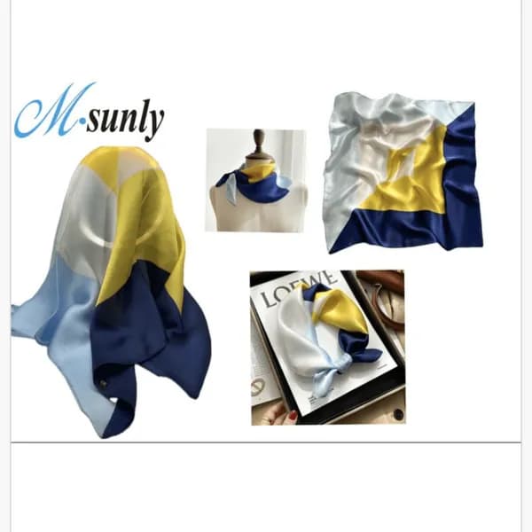 Chusta do włosów jedwabna geometryczna M-sunly biało-żółta