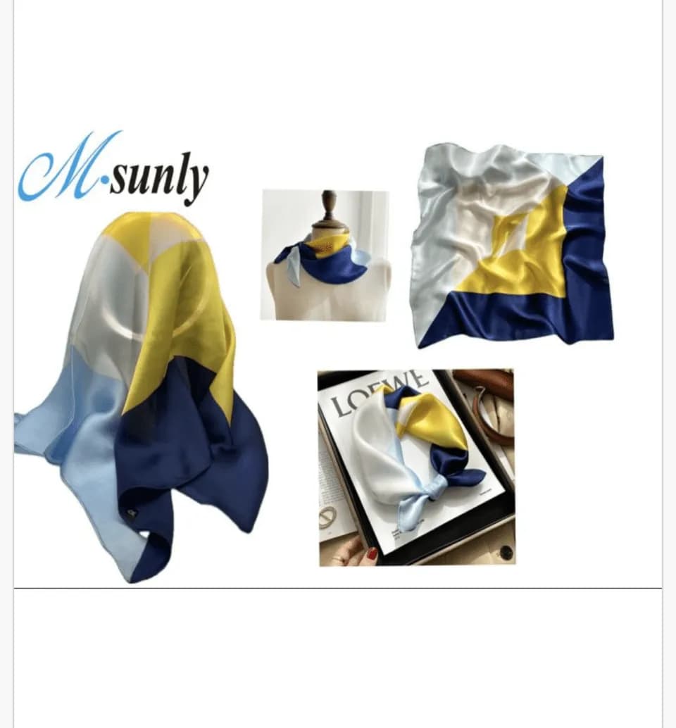 Chusta do włosów jedwabna geometryczna M-sunly biało-żółta