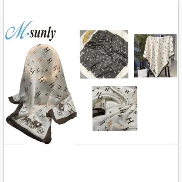 Chusta damska M.sunly monogram H i motyw karety, ecru-brązowa