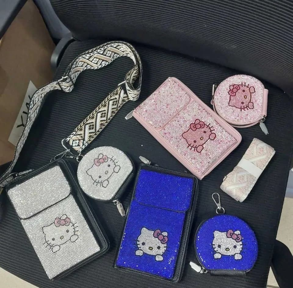 Torebka na telefon Hello Kitty z cyrkoniami i szerokim paskiem