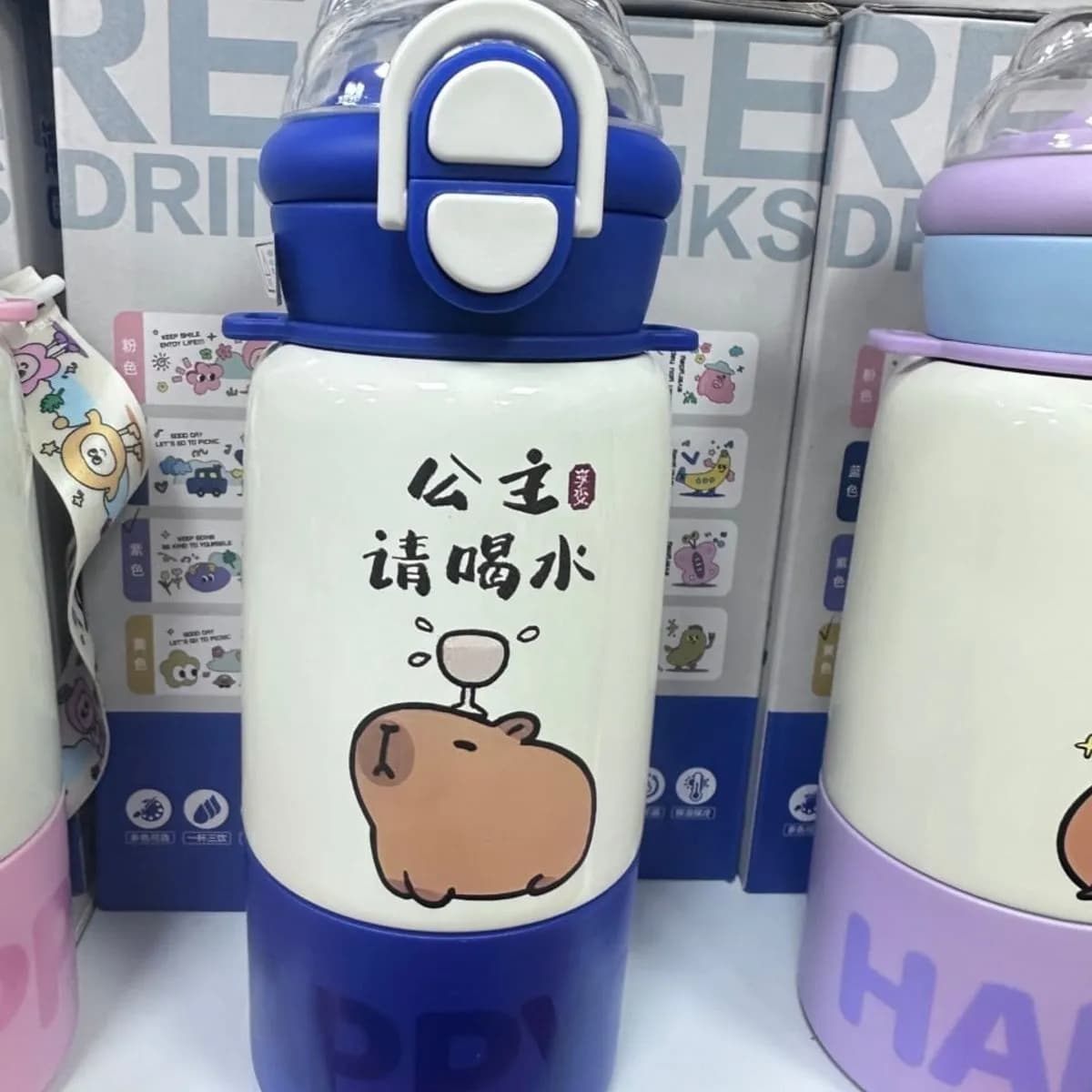 Termos dla dzieci z motywem kapibary, niebieski, blokada flip-top