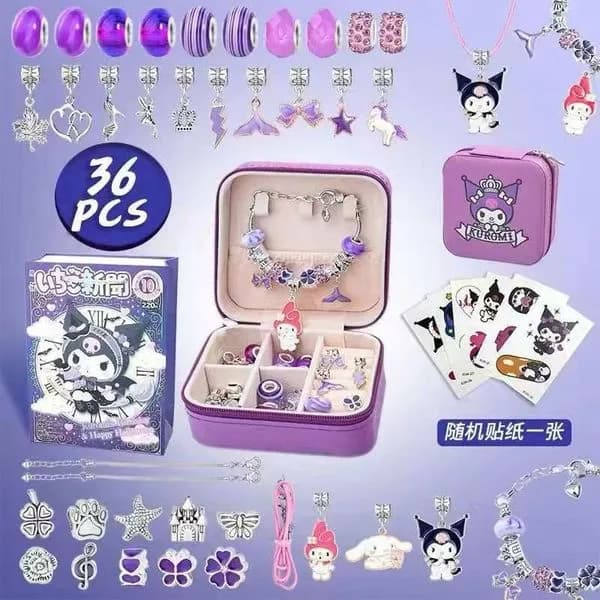 Zestaw Biżuterii dla Dzieci 36PCS Kuromi ze Szkatułką Fioletowy