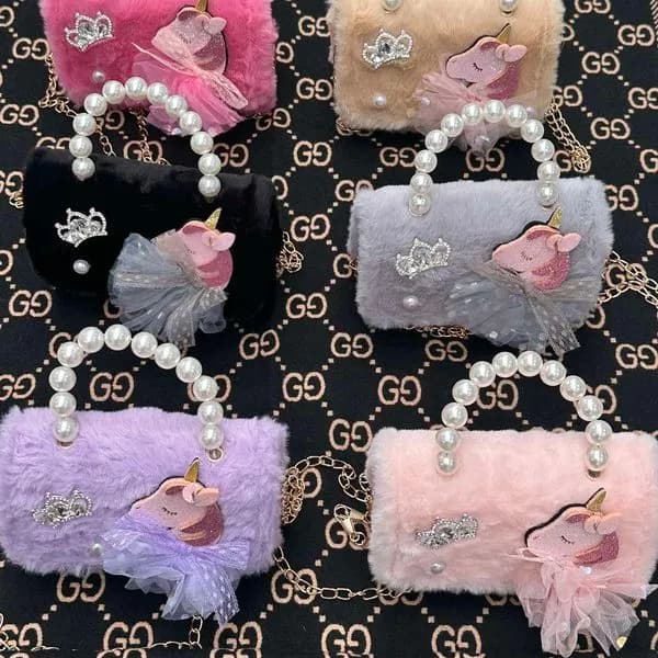 Torebka dla Dzieci Futrzana z Jednorożcem i Perłami Mix 12szt