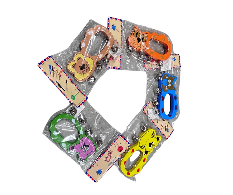 Drewniana Grzechotka dla Dzieci z Dzwoneczkami Zwierzątka 12szt Mix