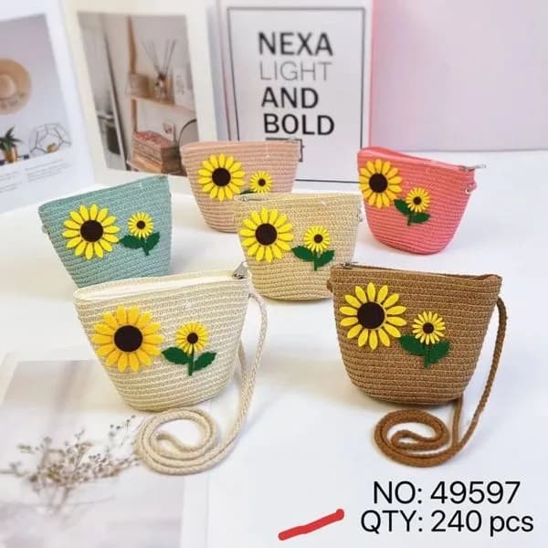 Torebka dla Dzieci Słomkowa z Słonecznikiem Mix Kolorów 12szt