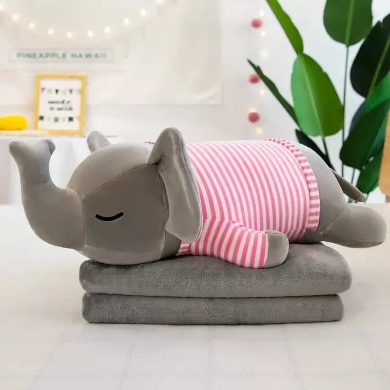 Maskotka Słoń na Kocyku, Szary w Różowe Paski, Zestaw 2w1