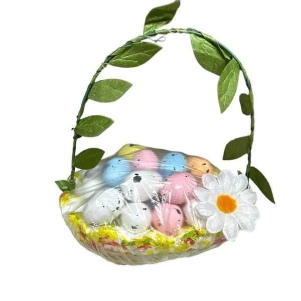 Dekoracja Wielkanoc - Koszyczek z jajkami i kwiatkiem, 12 szt.