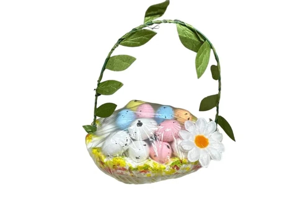 Dekoracja Wielkanoc - Koszyczek z jajkami i kwiatkiem, 12 szt.
