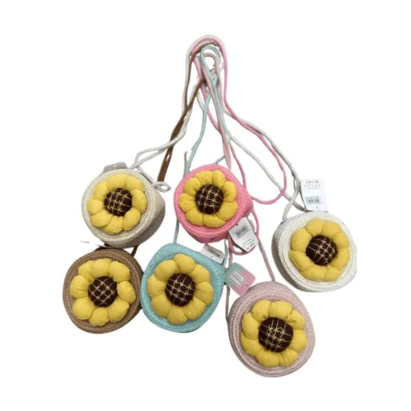 Torebka dla Dzieci Pleciona Słomkowa z Kwiatem Słonecznik Mix