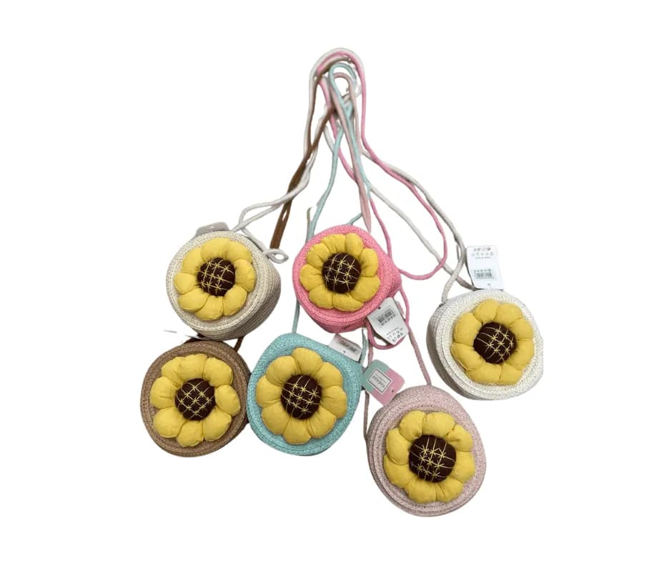 Torebka dla Dzieci Pleciona Słomkowa z Kwiatem Słonecznik Mix