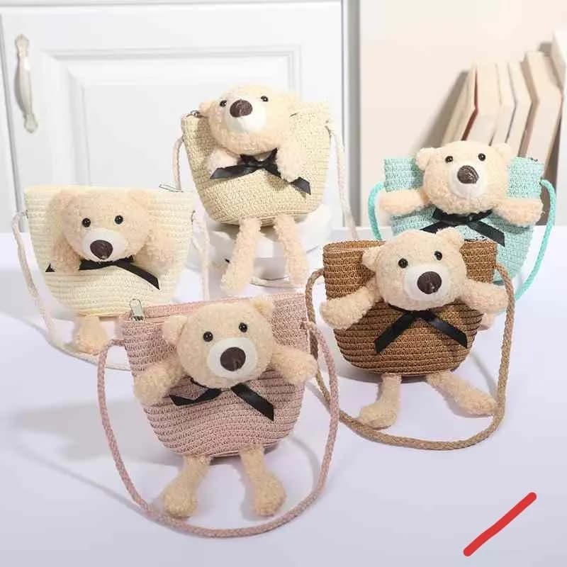 Torebka dla Dzieci Słomkowa z Pluszowym Misiem Mix Kolorów