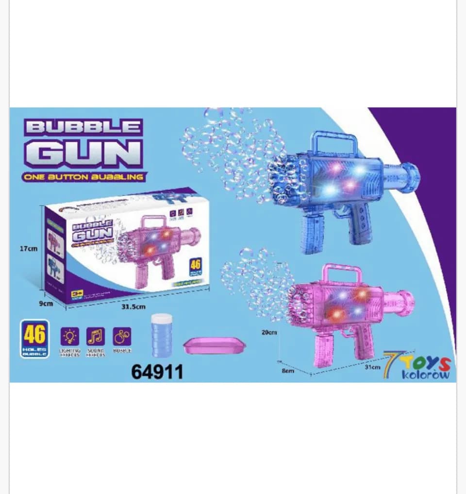 Pistolet do baniek Bubble Gun One Aution 46 otworów Światło Dźwięk