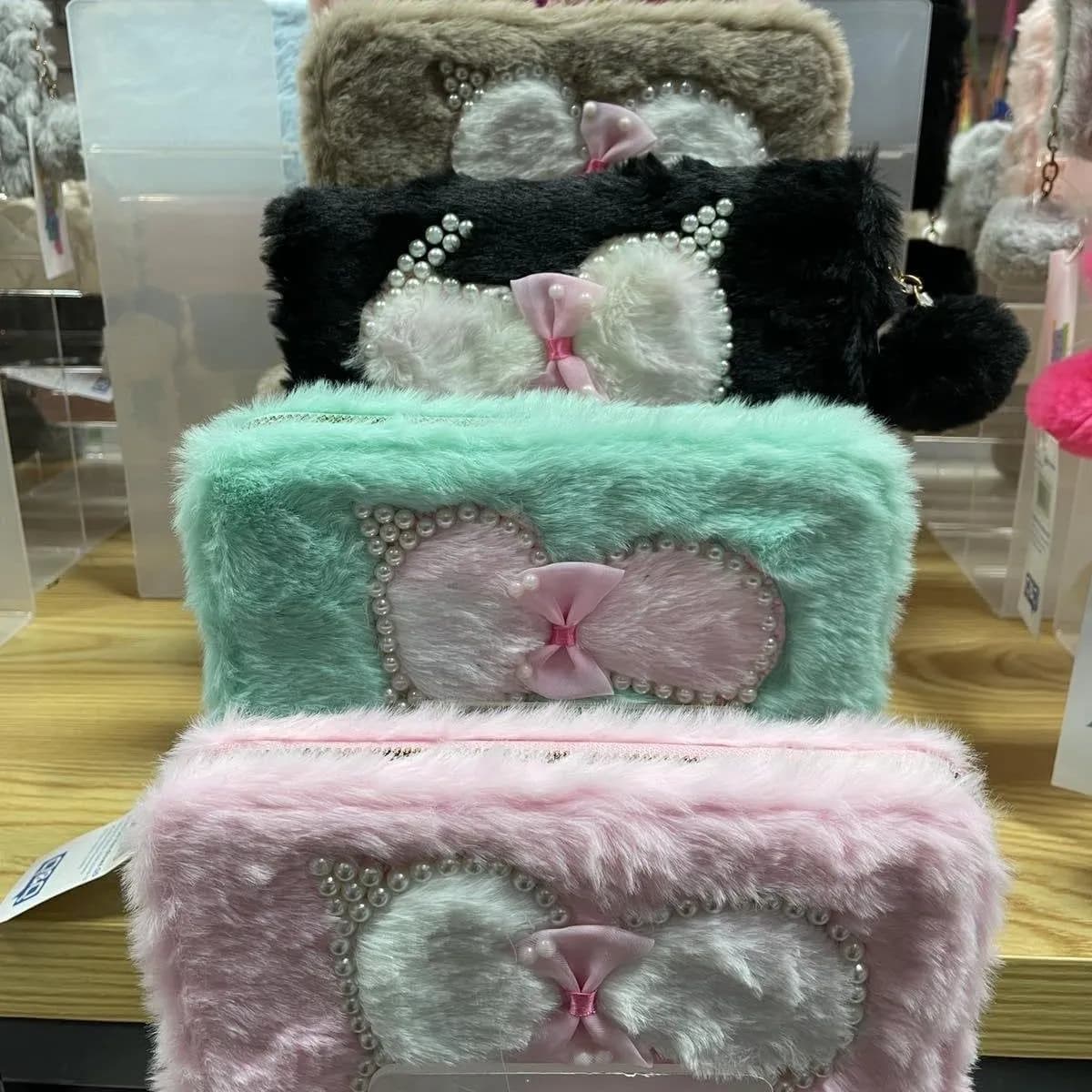 Mini Portfel z Kreskówek dla Dzieci Pluszowy z Kokardą i Perłami