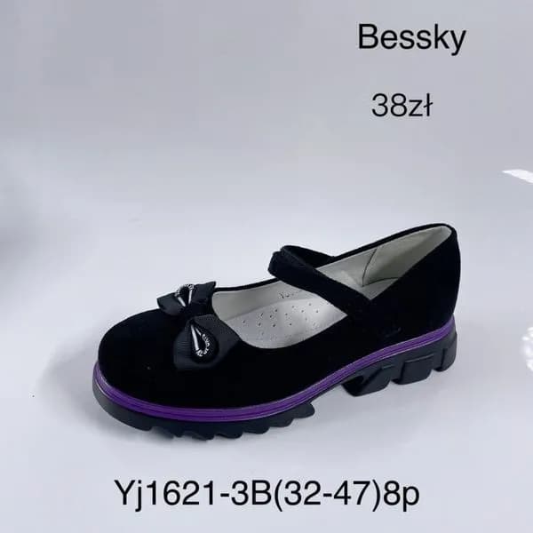 Półbuty Dziecięce Bessky Czarne Kokardka Fioletowa Podeszwa 32-37