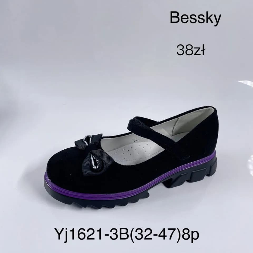 Półbuty Dziecięce Bessky Czarne Kokardka Fioletowa Podeszwa 32-37