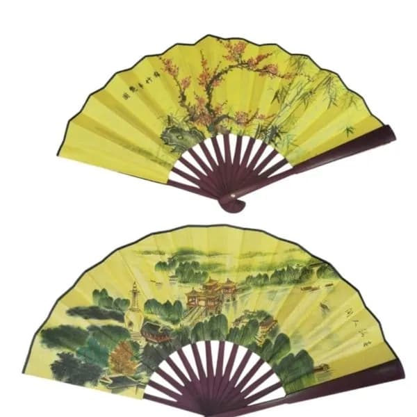 Wachlarz Chiński Drewniany Żółty Tradycyjne Wzory 12szt