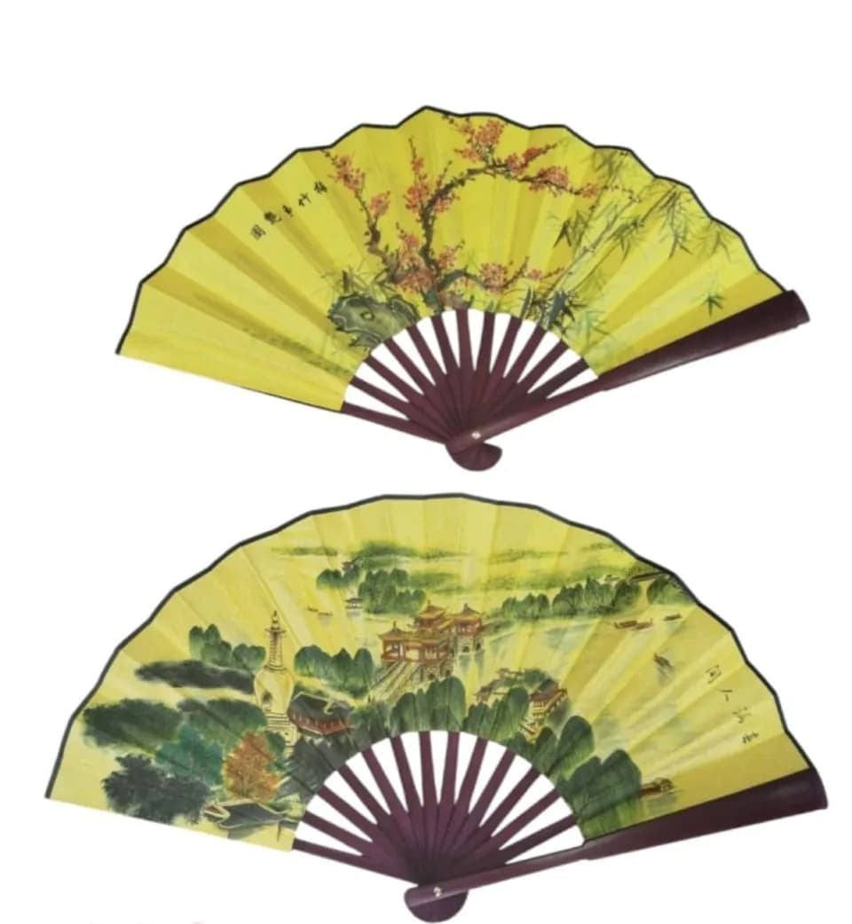Wachlarz Chiński Drewniany Żółty Tradycyjne Wzory 12szt