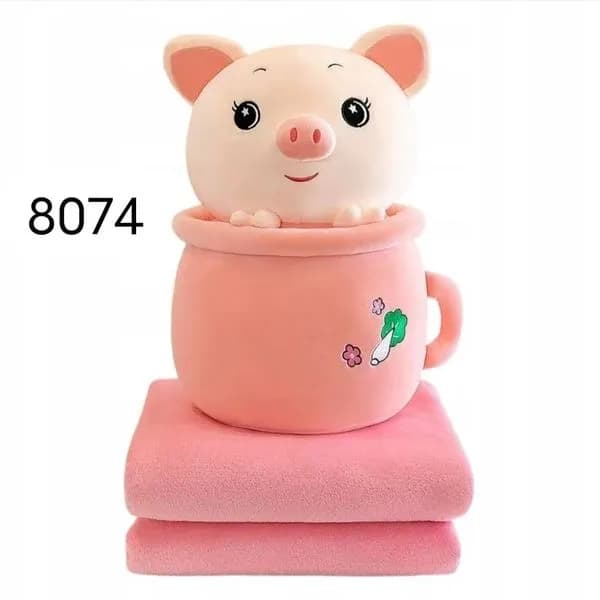 Maskotka z kocykiem 45cm Świnka w kubku różowa