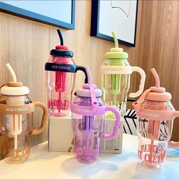 Kubek 100ml ze słomką i uchwytem ICE CREAM, mix kolorów 10 szt.