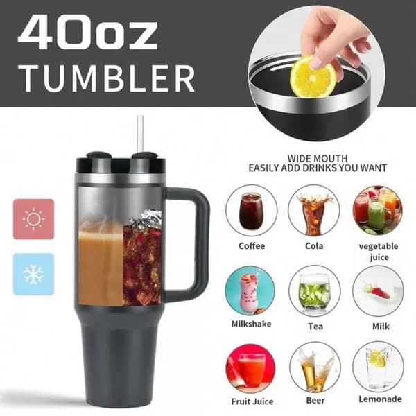 Kubek Thermos 1.2l Tumbler 40oz z uchwytem i słomką czarny
