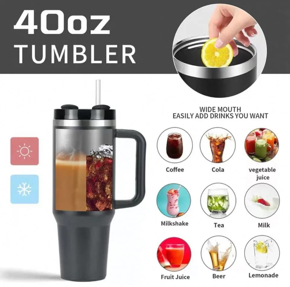 Kubek Thermos 1.2l Tumbler 40oz z uchwytem i słomką czarny