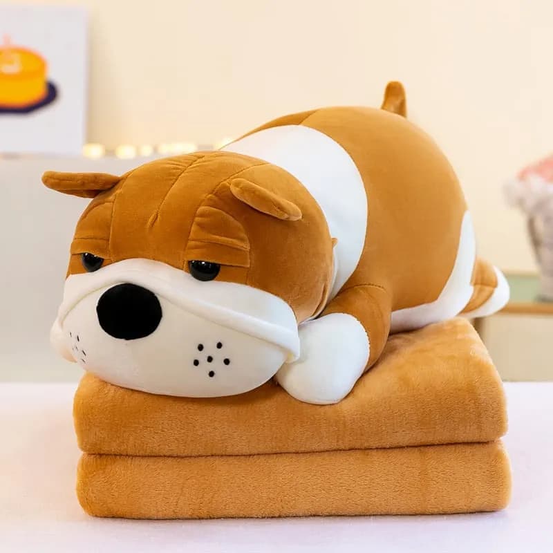 Maskotka na Kocyk Pies Buldog Brązowo-Biały Pluszowy 2w1