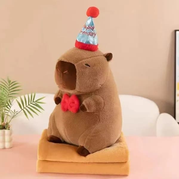 Maskotka Kapibara Urodzinowa z Czapką i Muszką na Kocyk