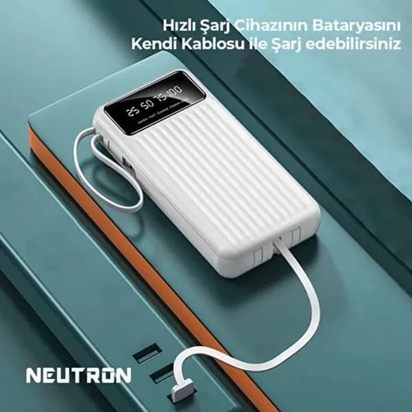 Powerbank Neutron z wyświetlaczem LCD i wbudowanym kablem, biały