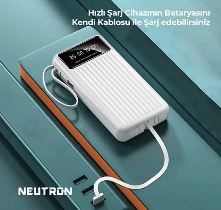 Powerbank Neutron z wyświetlaczem LCD i wbudowanym kablem, biały