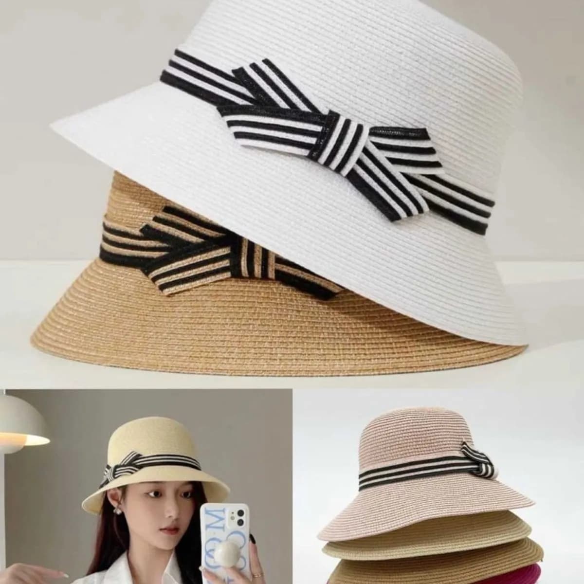 Kapelusz Damski Słomkowy z Kokardą w Paski - Mix Kolorów