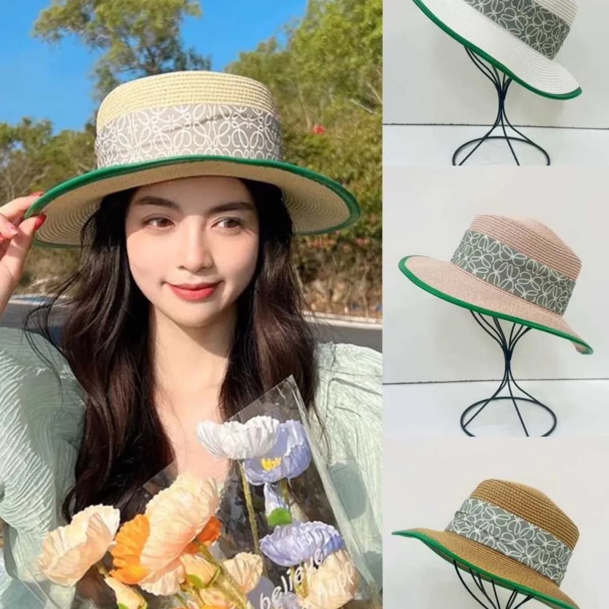 Kapelusz Damski Słomkowy z Tasiemką i Zielonym Rantem Mix