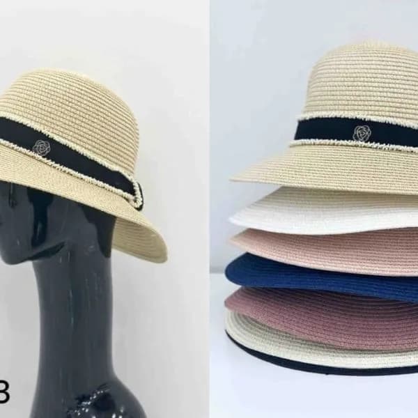 Kapelusz Damski Pleciony z Wstążką i Kwiatem Mix Kolorów 12szt