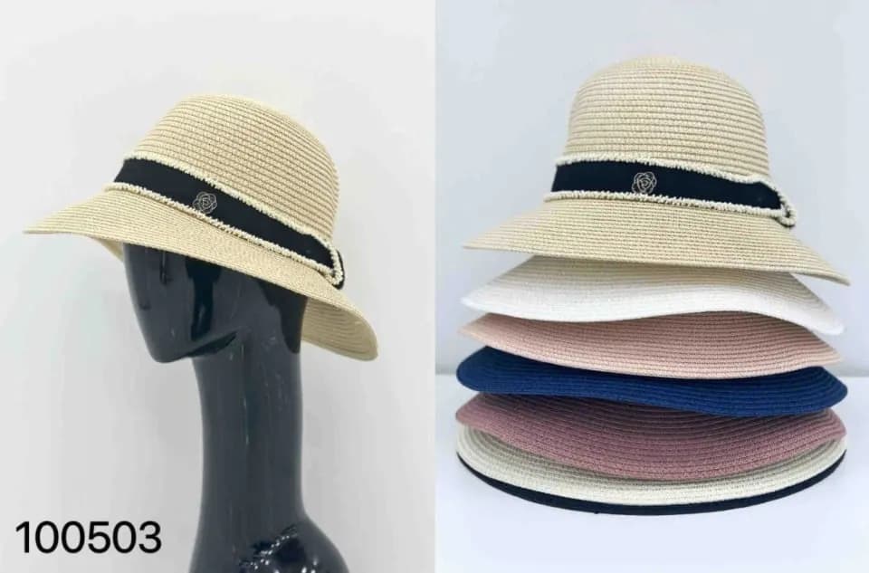 Kapelusz Damski Pleciony z Wstążką i Kwiatem Mix Kolorów 12szt