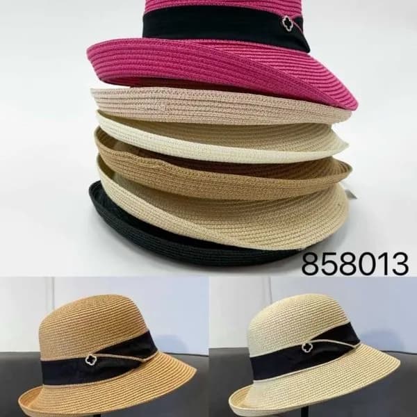 Kapelusz Damski Słomkowy z Ozdobną Wstążką Mix Kolorów 12szt