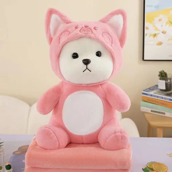 Maskotka na Kocyk - Różowy Miś w Kapturze, Zestaw 2w1