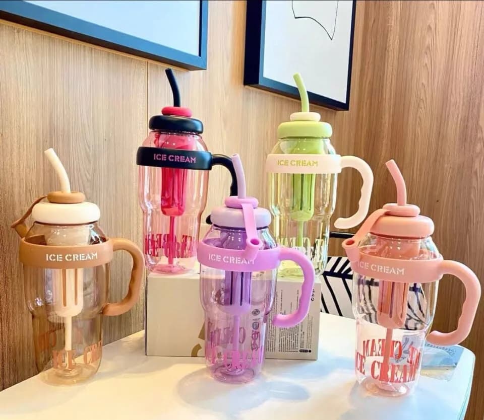 Kubek 1200ml ze słomką i uchwytem ICE CREAM, mix kolorów