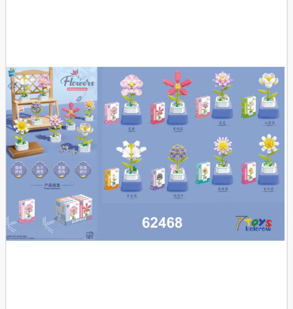 Klocki Kwiaty w Doniczkach 7 TOYS kolorów, Zestaw 6 szt.