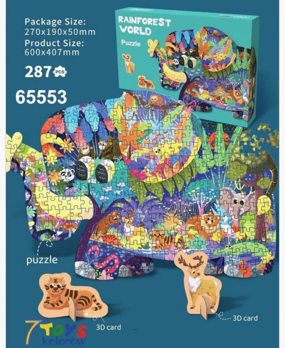 Puzzle Rainforest World 287PCS Kształt Słonia 600x407mm 7Toys